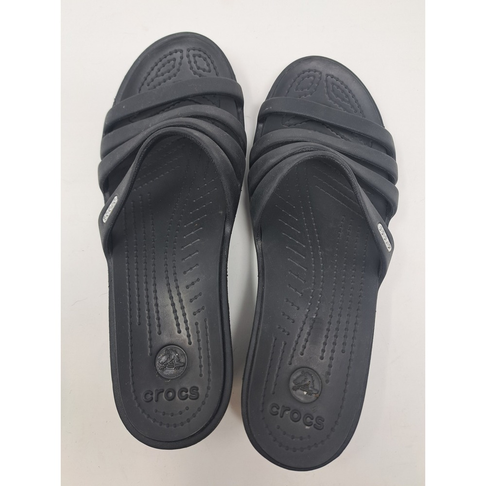 Crocs Monterey Strappy Wedge Sandals Black Womens Size 11 Slides Low Heel